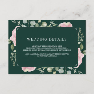 Pink Floral Eucalyptus Emerald Wedding Details Enclosure Card