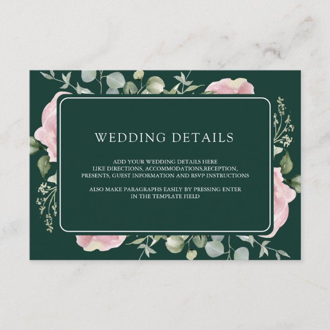 Pink Floral Eucalyptus Emerald Wedding Details Enclosure Card (Front)
