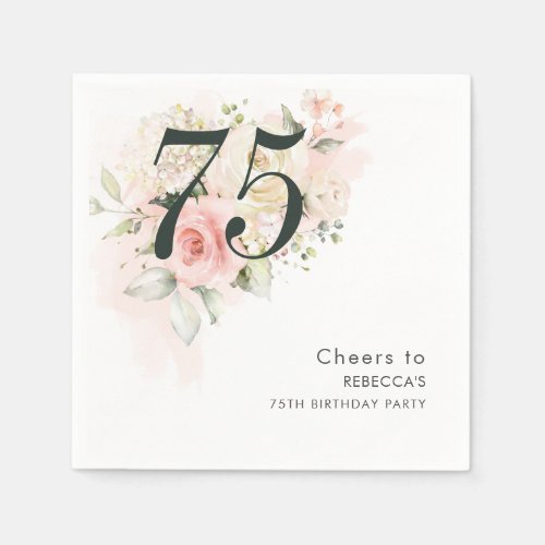 Pink Floral Eucalyptus Foliage 75th Birthday Party Napkins