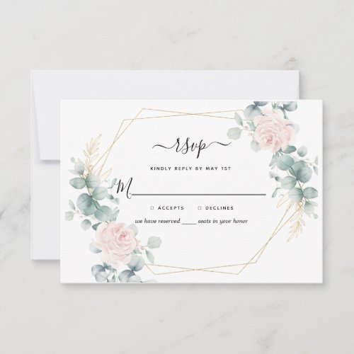 Pink Floral Eucalyptus Geometric Rustic Wedding RSVP Card