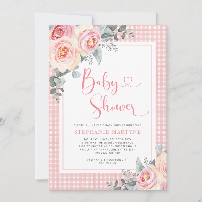 Pink Floral Eucalyptus Gingham Baby Shower Invitation (Front)