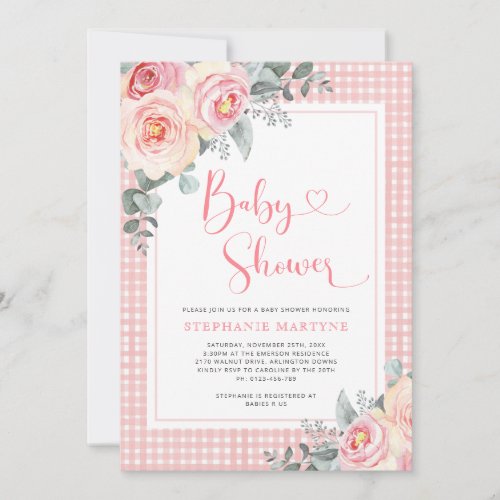Pink Floral Eucalyptus Gingham Baby Shower Invitation