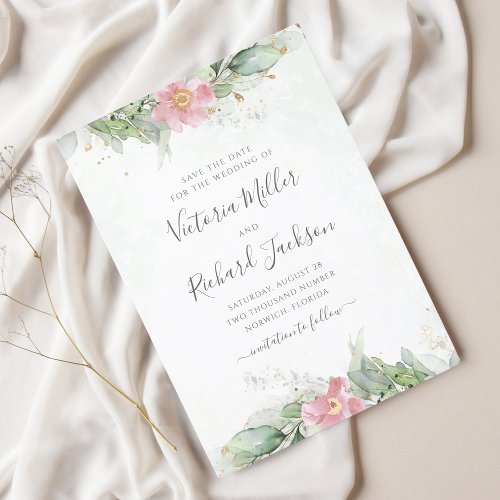 Pink Floral Eucalyptus Green Foliage Wedding Save The Date