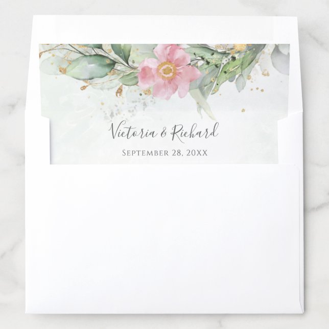 Pink Floral Eucalyptus Greenery Gold Elegant Envelope Liner (In Envelope)
