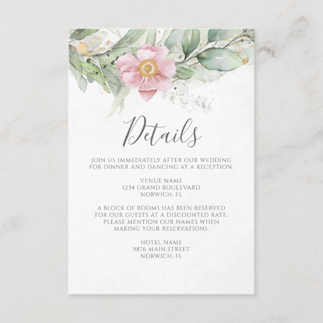 Pink Floral Eucalyptus Greenery Wedding Details Enclosure Card (Front)