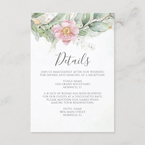 Pink Floral Eucalyptus Greenery Wedding Details Enclosure Card