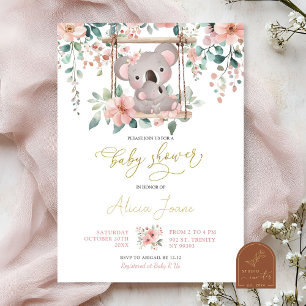 Pink Floral Eucalyptus Koala Australian Baby Girl Invitation