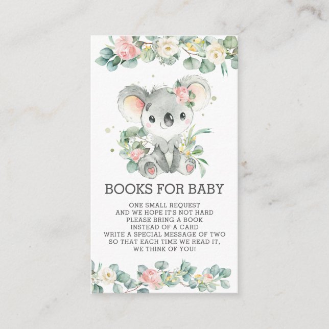 Pink Floral Eucalyptus Koala Books for Baby Girl Enclosure Card (Front)