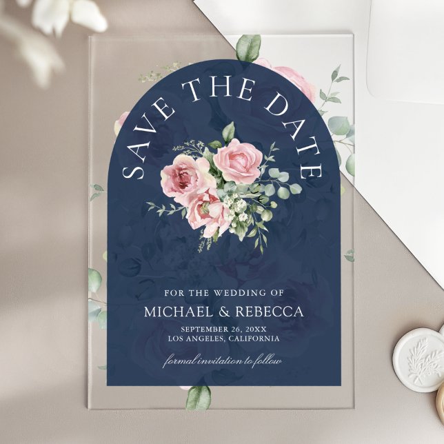Pink Floral Eucalyptus Navy Wedding Save the Date (Creator Uploaded)