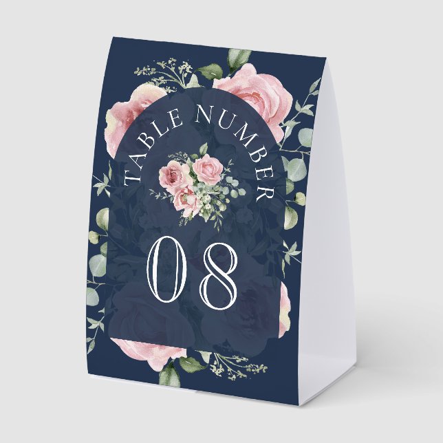 Pink Floral Eucalyptus Navy Wedding Table Number Paper Table Tent (Front)