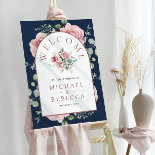 Pink Floral Eucalyptus Navy Wedding Welcome Sign