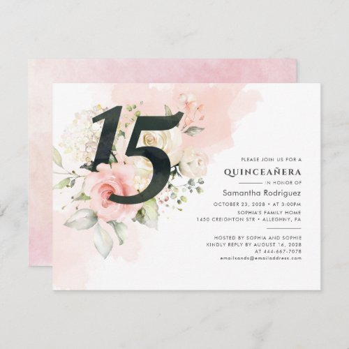 Pink Floral Eucalyptus Quinceanera 15th Birthday Invitation