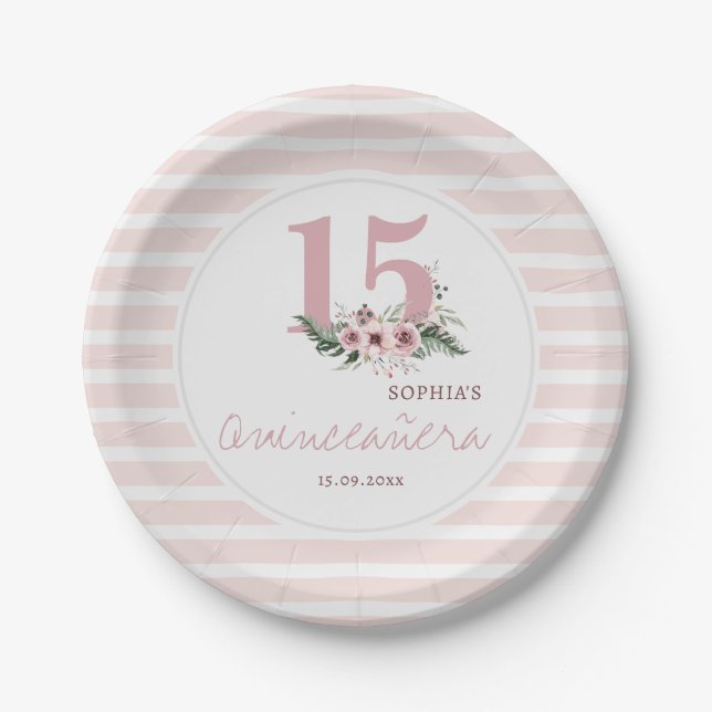 Pink Floral & Eucalyptus Quinceanera 15th Birthday Paper Plates (Front)
