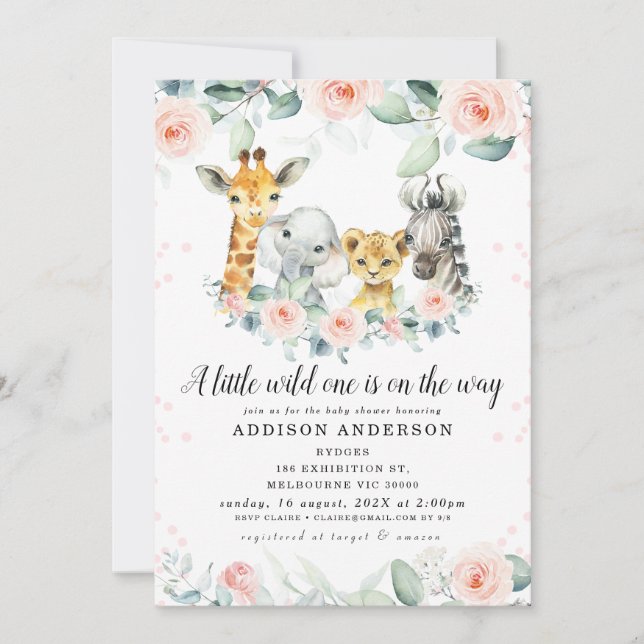 Pink Floral Eucalyptus Safari Baby Shower Invitation (Front)