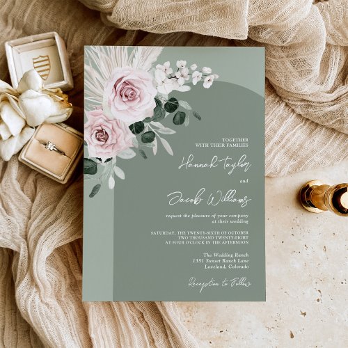 Pink Floral Eucalyptus Sage Green Wedding Invitation
