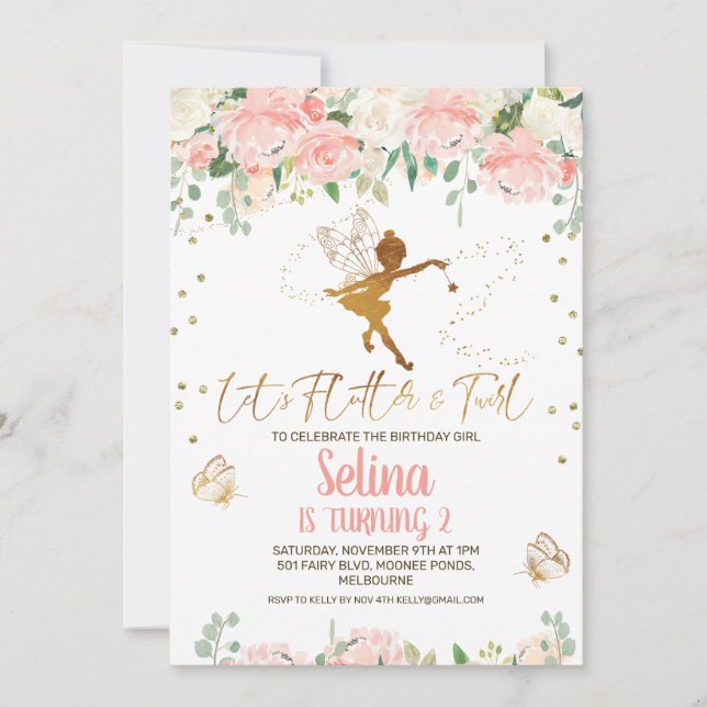 Pink Floral Fairies Butterfly Birthday Invitation (Front)