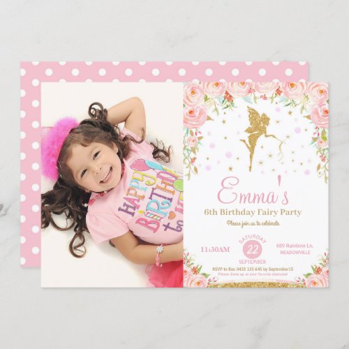 Pink Floral Fairy 1st Birthday Party Invitation