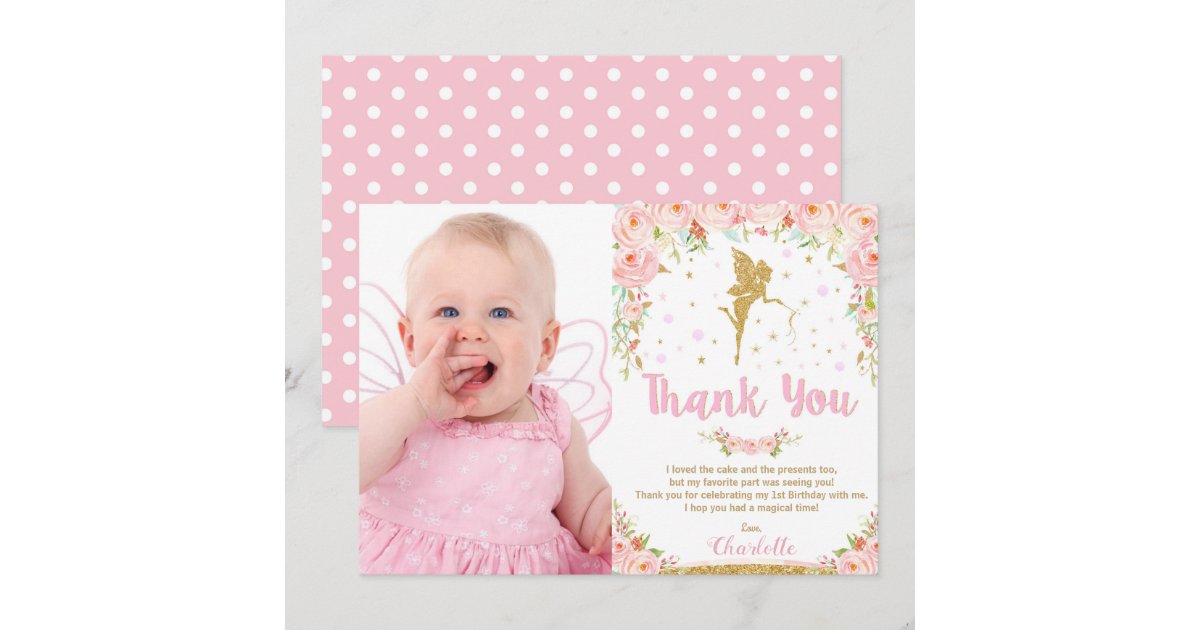 Pink Floral Fairy 1st Birthday Party Thank You Invitation | Zazzle