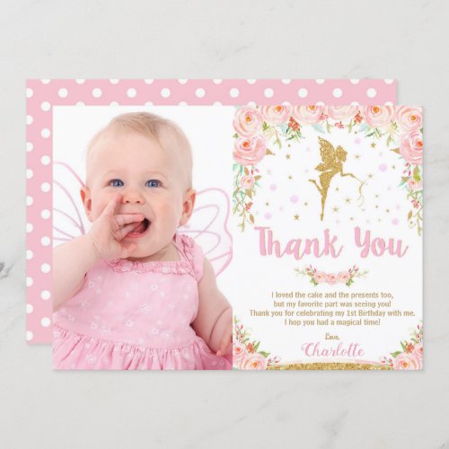 Pink Floral Fairy 1st Birthday Party Thank You Invitation