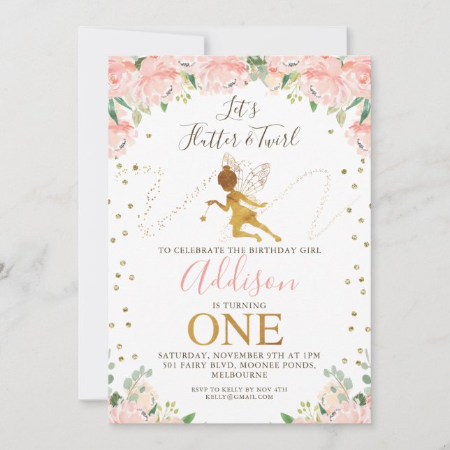 Pink Floral Fairy and Fairy Dust First Birthday Invitation (Front)