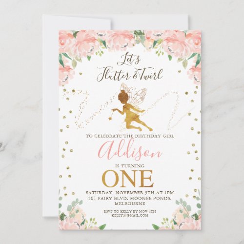 Pink Floral Fairy and Fairy Dust First Birthday Invitation