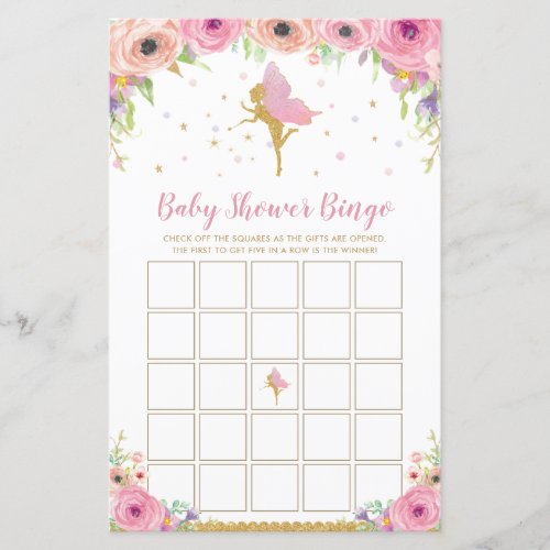 Pink Floral Fairy Baby Shower Bingo Game