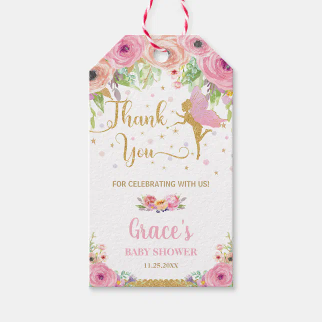 Pink Floral Fairy Birthday Baby Shower Thank You Gift Tags | Zazzle