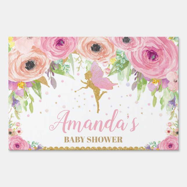 Pink Floral Fairy Birthday Baby Shower Welcome Sign (Front)