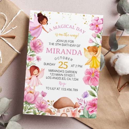 Pink Floral Fairy Birthday Invitation