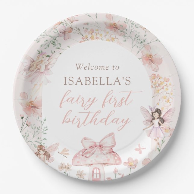 Pink Floral Fairy Birthday Paper Plates (Front)