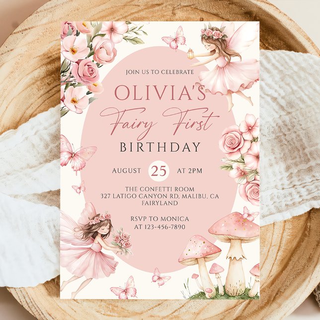Pink Floral Fairy First Birthday Invitation (Creator Uploaded)