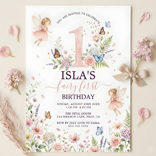 Pink Floral Fairy First Birthday Invitation
