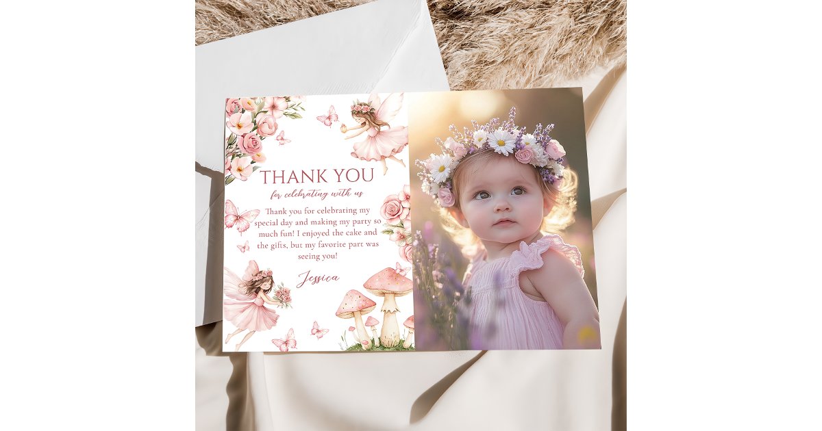 Pink Floral Fairy First Birthday Photo Thank You Card | Zazzle