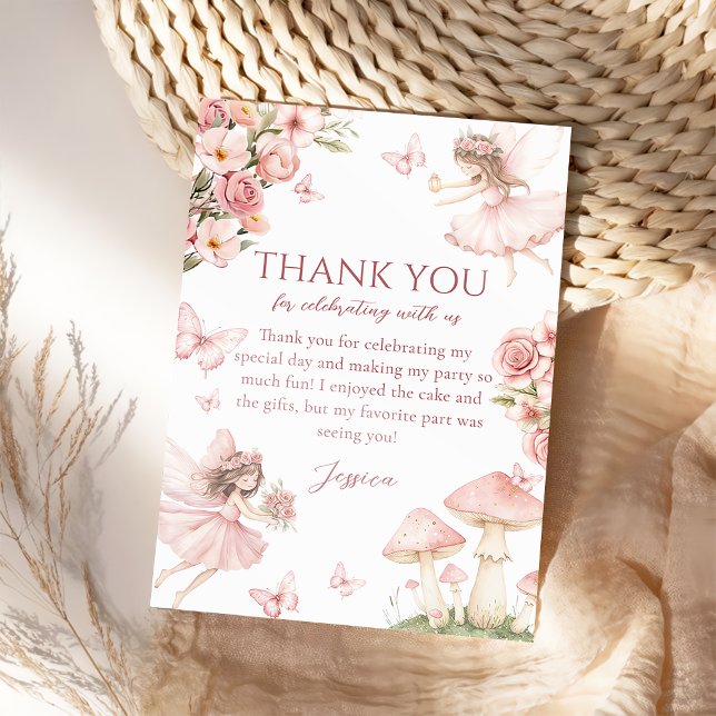 Pink Floral Fairy First Birthday Thank you card (Creator Uploaded)