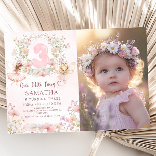 Pink Floral Fairy Garden 3rd Birthday Photo Invitation