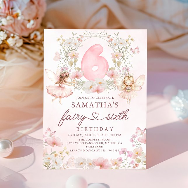 Pink Floral Fairy Garden 6th Birthday Invitation (Creator Uploaded)