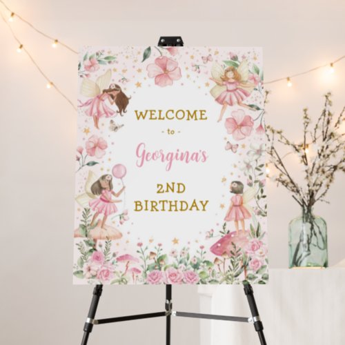 Pink Floral Fairy Garden Birthday Party Welcome Foam Board