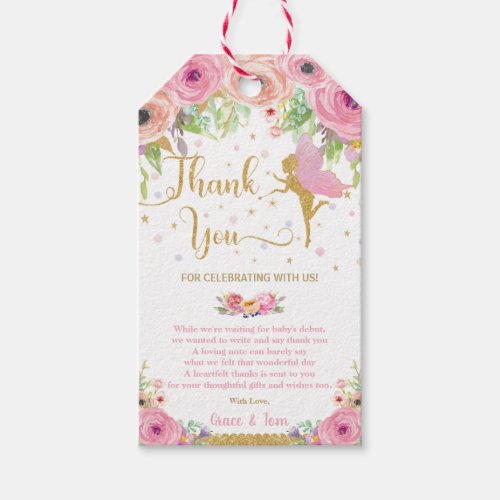 Pink Floral Fairy Gold Baby Shower Thank You Gift Tags