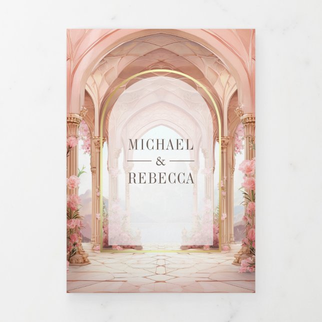 Pink Floral Fairytale Castle All in One Wedding Tri-Fold Invitation