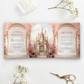 Pink Floral Fairytale Castle All in One Wedding Tri-Fold Invitation
