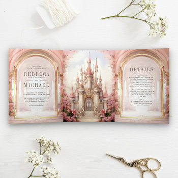 Pink Floral Fairytale Castle All In One Wedding Tri-fold Invitation by ShabzDesigns at Zazzle