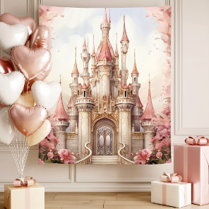 Pink Floral Fairytale Castle Tapestry