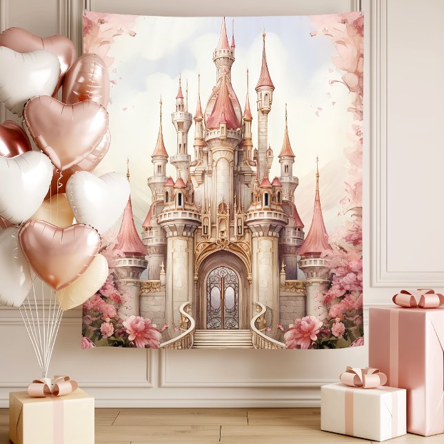 Pink Floral Fairytale Castle Tapestry (Creator Uploaded)