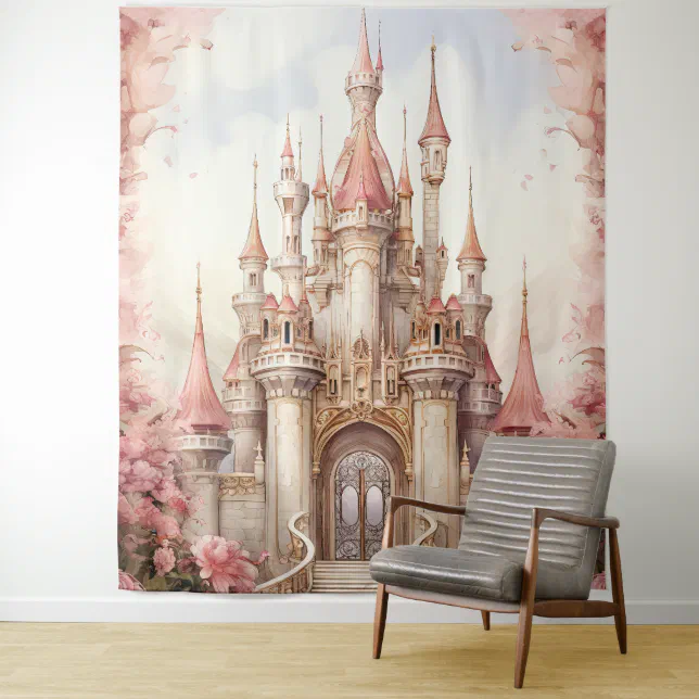 Pink Floral Fairytale Castle Tapestry

