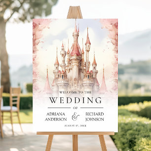 Pink Floral Fairytale Castle Wedding Welcome Sign