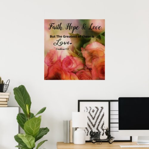 Pink Floral Faith Hope and Love Poster Wall Art