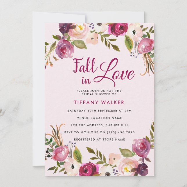 Pink Floral Fall In Love Bridal Shower Invitation (Front)