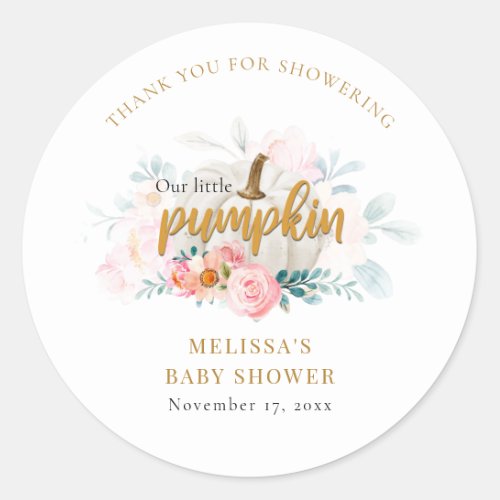 Pink Floral Fall Pumpkin Girl Baby Shower Classic Round Sticker