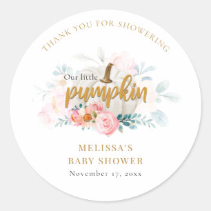 Pink Floral Fall Pumpkin Girl Baby Shower Classic Round Sticker
