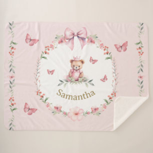 Pink Floral Fantasies and Teddy Bear Hugs Sherpa Blanket